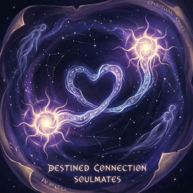 Mystical celestial chart showing a soulmate connection between two glowing souls in deep indigo